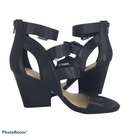 NEW VERY VOLATILE LOS ANGELES 9M Black leather Heel Ankle Strap Buckles - Picture 12 of 13